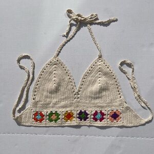 WoWo Handmade Bohemian Crochet Halter Crop Top Granny Square | Size L